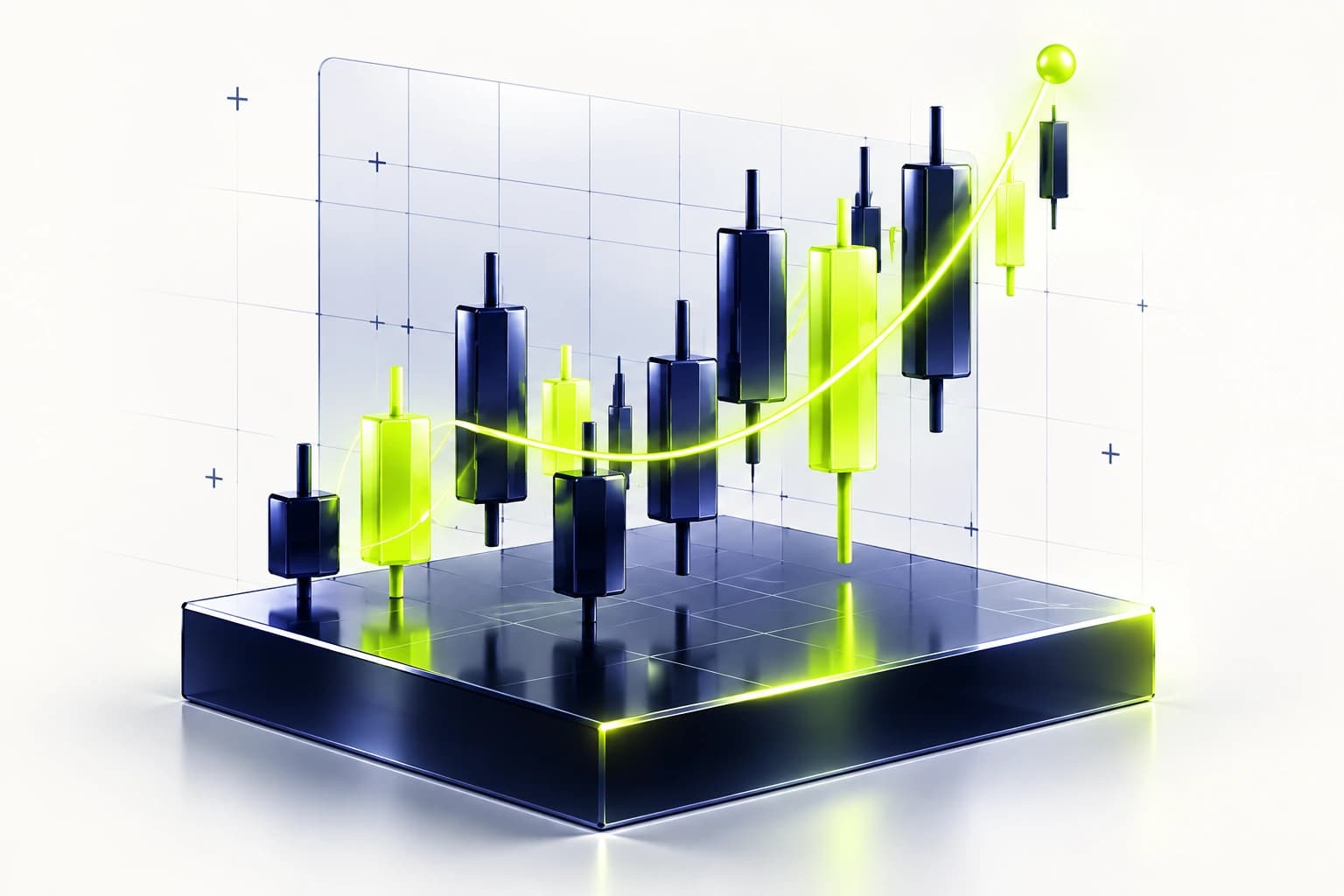 Illustrative navy and lime candlestick sculpture on a glass trading podium; not live prices or projected returns.